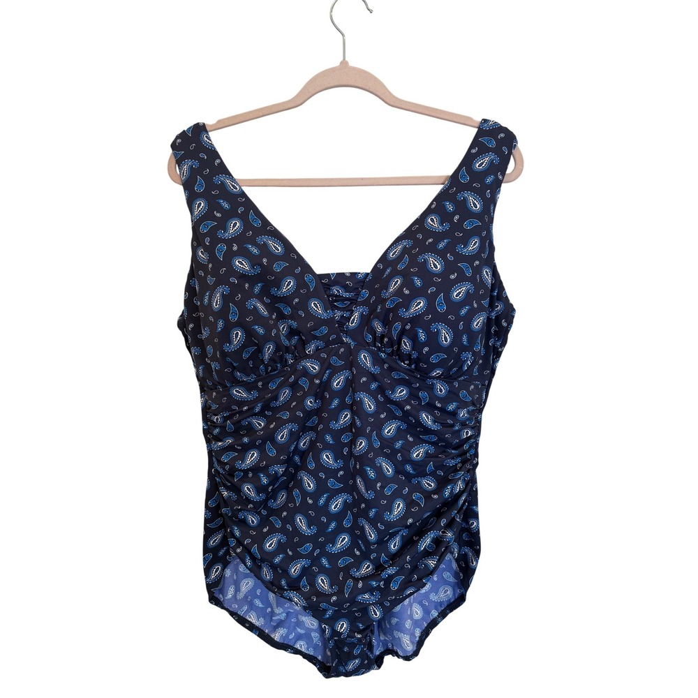 Lands End Navy Blue Paisley Surplice One Piece Swimsuit Tummy Control Size 18 DD